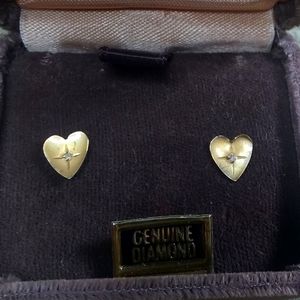 Vntg 14KT Gold Hearts W/ Diamonds Earrings